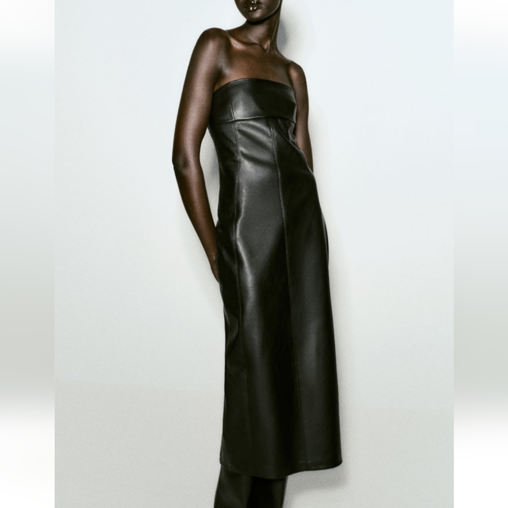 Zara Strapless Faux Leather Midi Dress - Picture 10 of 14
